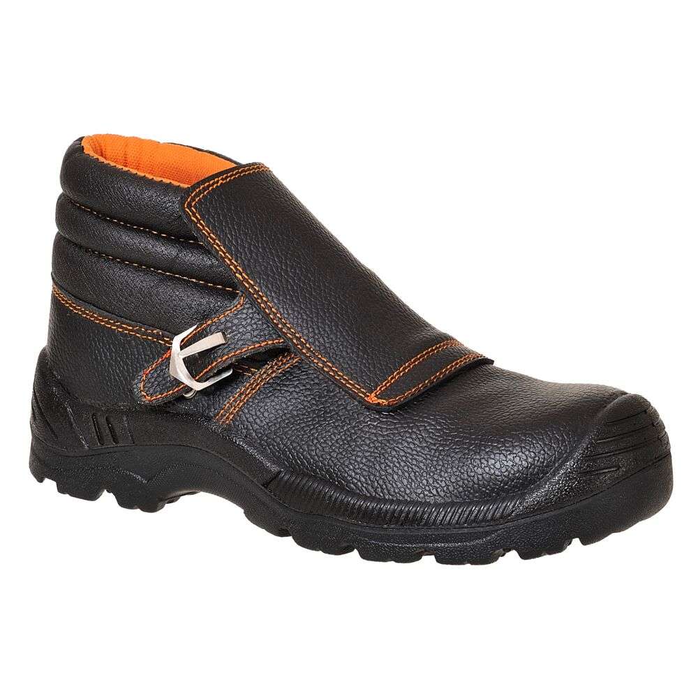 Portwest FW07 Composite Action Leather Welders Boot. Designed for welders with a protective leather flap to guard against sparks, a quick release buckle and 300⁰C HRO PU/Rubber outsole. Stitched with fire resistant thread, composite toecap and midsole.