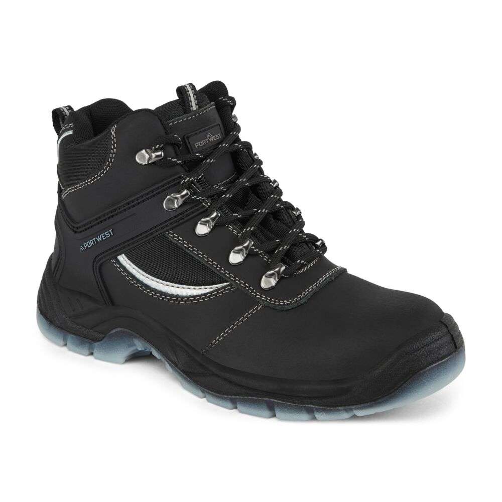Portwest FW69 Steel Leather Hiker Safety Boot Black. Designed for comfort, safety and reliability. The Mustang boot has full S3 protection with a 360 degree rubber external chassis system for maximum ankle support.