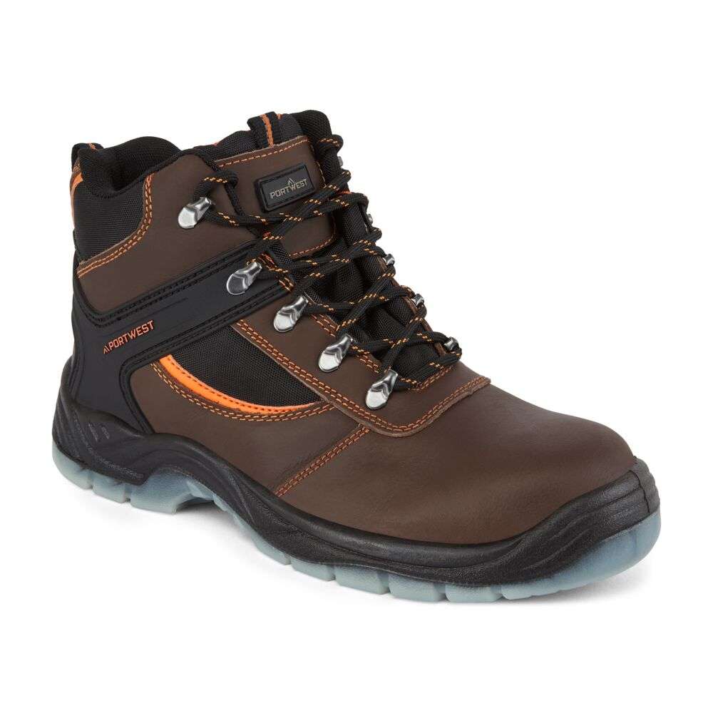Portwest FW69 Steel Leather Hiker Safety Boot Brown. Designed for comfort, safety and reliability. The Mustang boot has full S3 protection with a 360 degree rubber external chassis system for maximum ankle support.