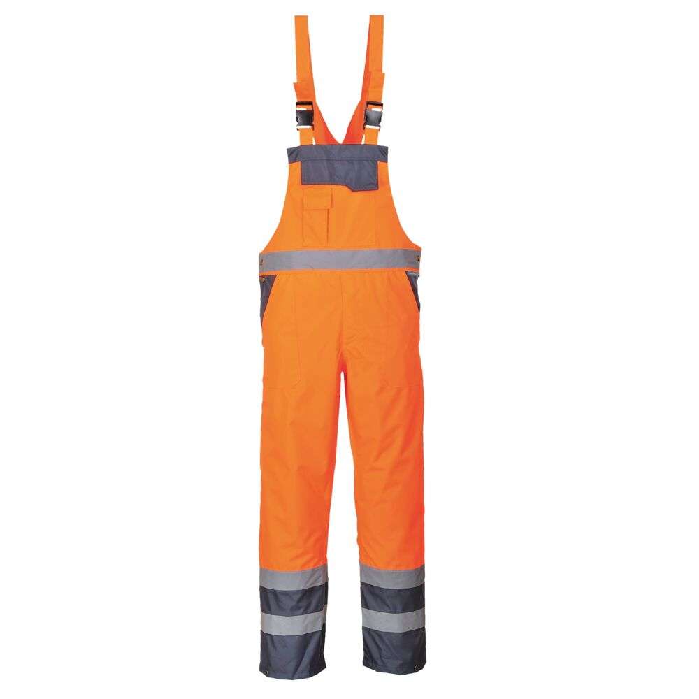 Orange Portwest S488 Hi Vis Breathable Contrast Rain Bib and Brace. A garment designed to be completely practical and safe, the Contrast Bib & Brace protects the lower body and chest against wet conditions whilst ensuring safety.