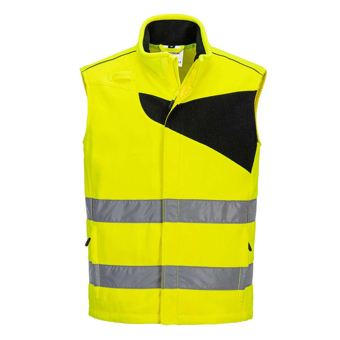 Portwest PW231 Hi Vis Fleece Bodywarmer. With its unique design, the PW2 high visibility fleece bodywarmer has a contemporary contrast chest panel for added style and modern fit. Made in lightweight anti-pill durable fleece and mesh lining, making the garment warm and breathable.