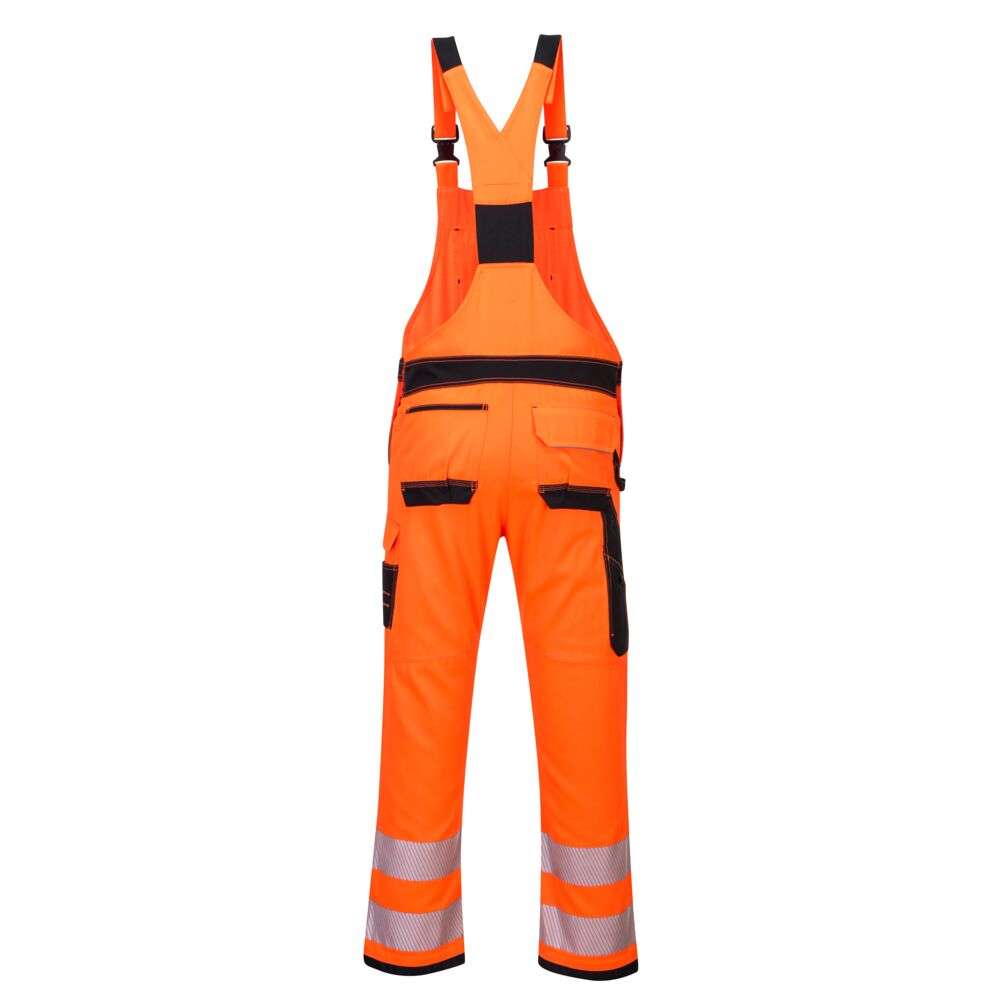 Portwest PW344 Hi Vis Bib and Brace Orange. The PW3 Hi-Vis Bib & Brace combines contemporary design with a modern fit. It offers an impressive range of pockets including a double rule pocket, pre-shaped top loading knee pad pockets and an easy access thigh pocket. Packed full of clever features including HiVisTex Pro reflective tape and an adjustable leg hem for added convenience. Oxford fabric reinforcement at key abrasion points and triple stitching throughout guarantees maximum durability.