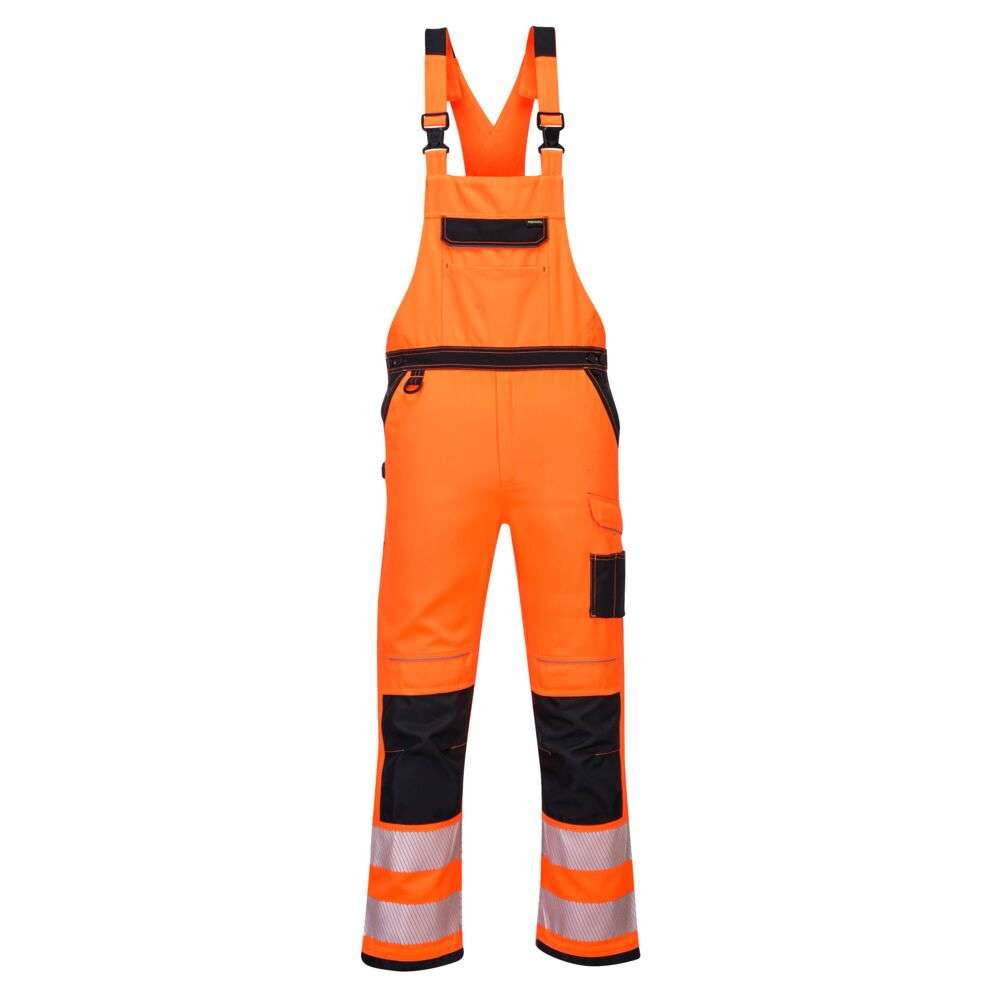 Portwest PW344 Hi Vis Bib and Brace Orange. The PW3 Hi-Vis Bib & Brace combines contemporary design with a modern fit. It offers an impressive range of pockets including a double rule pocket, pre-shaped top loading knee pad pockets and an easy access thigh pocket. Packed full of clever features including HiVisTex Pro reflective tape and an adjustable leg hem for added convenience. Oxford fabric reinforcement at key abrasion points and triple stitching throughout guarantees maximum durability.