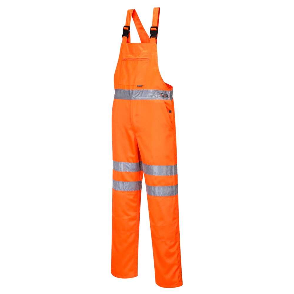Portwest RT43 Hi Vis Polycotton Service Bib and Brace. Superior materials and quality construction make the RT43 a firm favourite amongst all rail industry and roadside workers. The hardwearing fabric withstands dirt and grime with the Texpel finish helping to repel stains. A large zipped bib pocket is ideal for holding tools and the shoulder straps can be adjusted to ensure a comfortable fit.