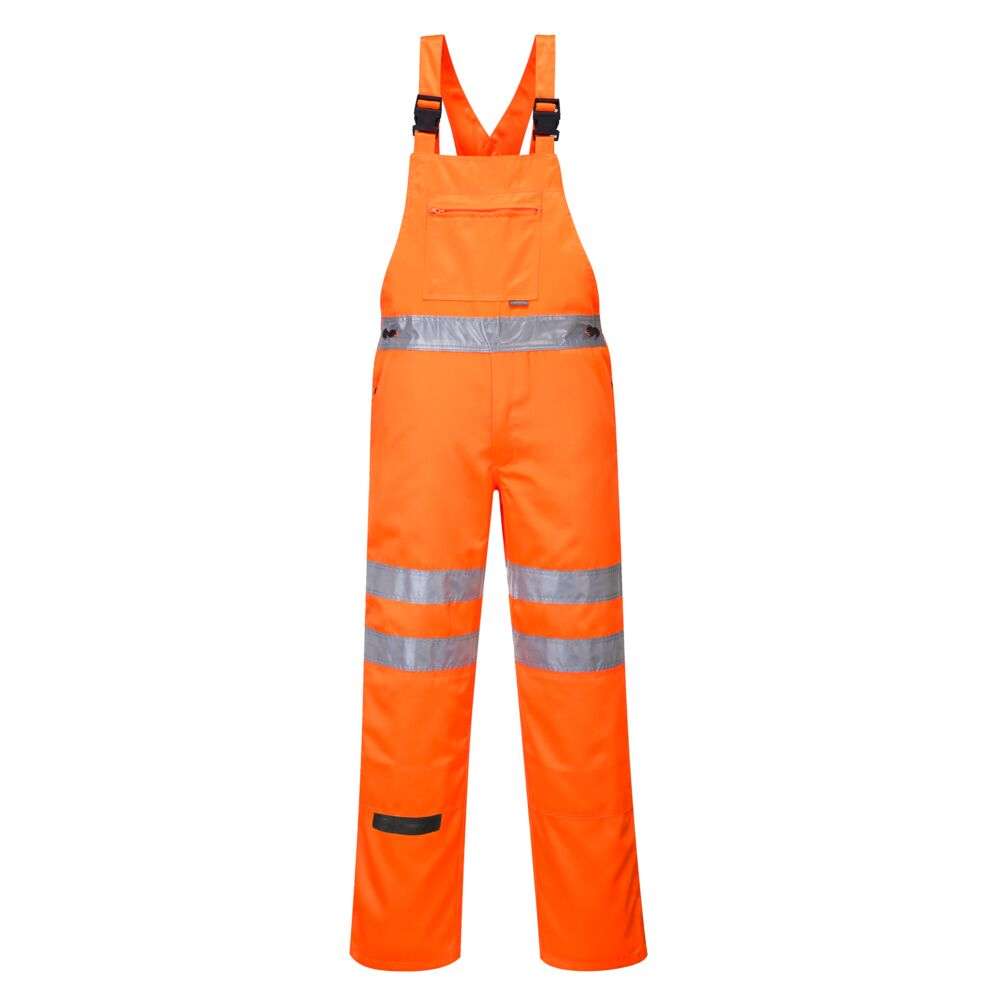 Portwest RT43 Hi Vis Polycotton Service Bib and Brace. Superior materials and quality construction make the RT43 a firm favourite amongst all rail industry and roadside workers. The hardwearing fabric withstands dirt and grime with the Texpel finish helping to repel stains. A large zipped bib pocket is ideal for holding tools and the shoulder straps can be adjusted to ensure a comfortable fit.