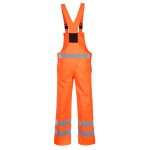 Portwest S388 Hi Vis Breathable Rain Bib and Brace rear. Extremely water resistant PFAS free Texpel™ Splash Eco fabric finish, water beads away from fabric surface. This single colour bib and brace has all the fantastic features and benefits of the tried and tested S488 Contrast Bib & Brace in a choice of two colours.