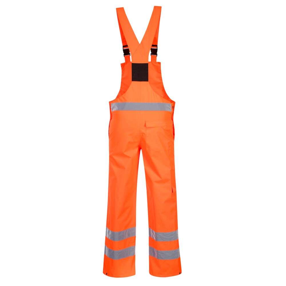 Portwest S388 Hi Vis Breathable Rain Bib and Brace rear. Extremely water resistant PFAS free Texpel™ Splash Eco fabric finish, water beads away from fabric surface. This single colour bib and brace has all the fantastic features and benefits of the tried and tested S488 Contrast Bib & Brace in a choice of two colours.