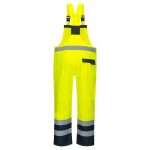 Portwest S488 Hi Vis Breathable Contrast Rain Bib and Brace Rear. A garment designed to be completely practical and safe, the Contrast Bib & Brace protects the lower body and chest against wet conditions whilst ensuring safety.