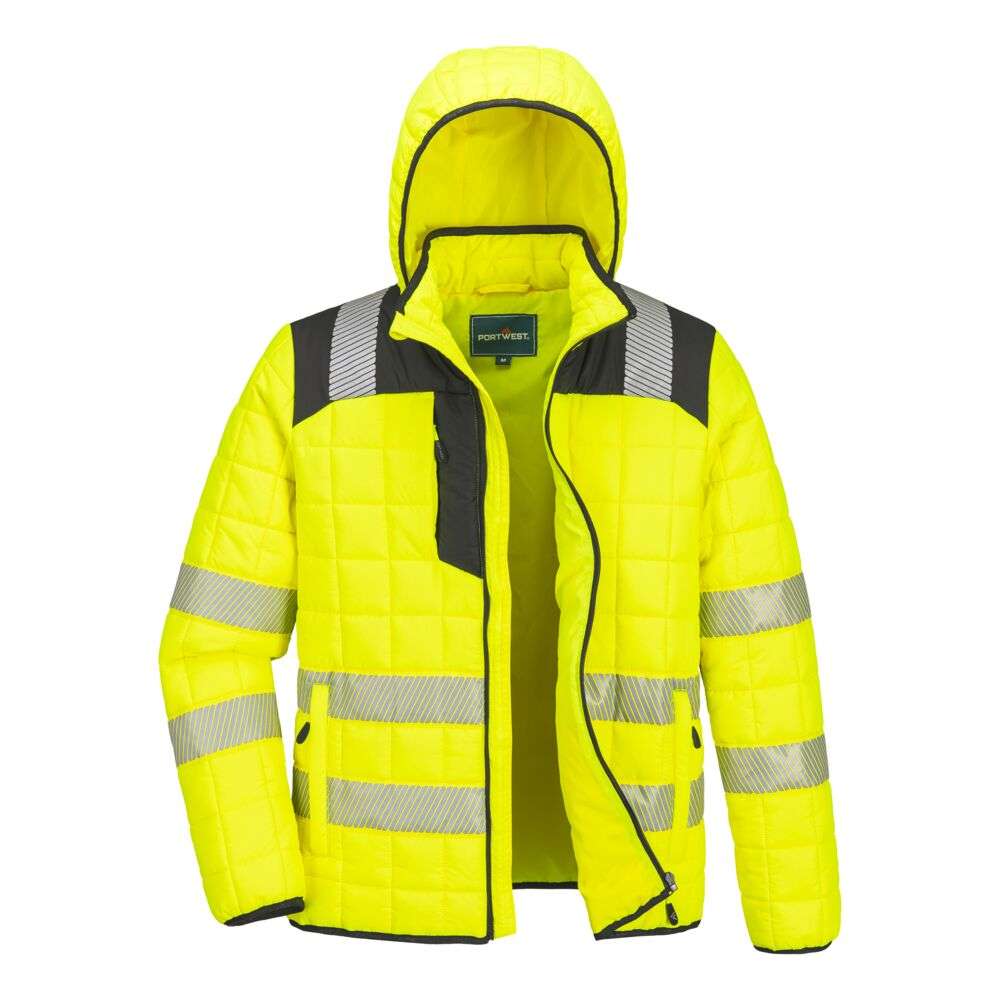 Portwest T165 PW3 Hi Vis Square Baffle Jacket. Packed with lightweight thermal insulation, the PW3 Hi- Visibility Square Baffle Jacket offers an ultrasoft, water resistant solution for outdoor wear. The unique fabric technology locks in the body’s warmth to create a thermal barrier for optimum wearer comfort.