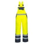 Yellow Portwest S489 Hi Vis Contrast Winter Bib and Brace. A garment designed to be completely practical and safe, the Contrast Bib & Brace protects the lower body and chest against wet conditions whilst ensuring safety.