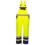 Yellow and Black Portwest S488 Hi Vis Breathable Contrast Rain Bib and Brace. A garment designed to be completely practical and safe, the Contrast Bib & Brace protects the lower body and chest against wet conditions whilst ensuring safety.
