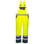 Yellow and Navy Portwest S488 Hi Vis Breathable Contrast Rain Bib and Brace. A garment designed to be completely practical and safe, the Contrast Bib & Brace protects the lower body and chest against wet conditions whilst ensuring safety.