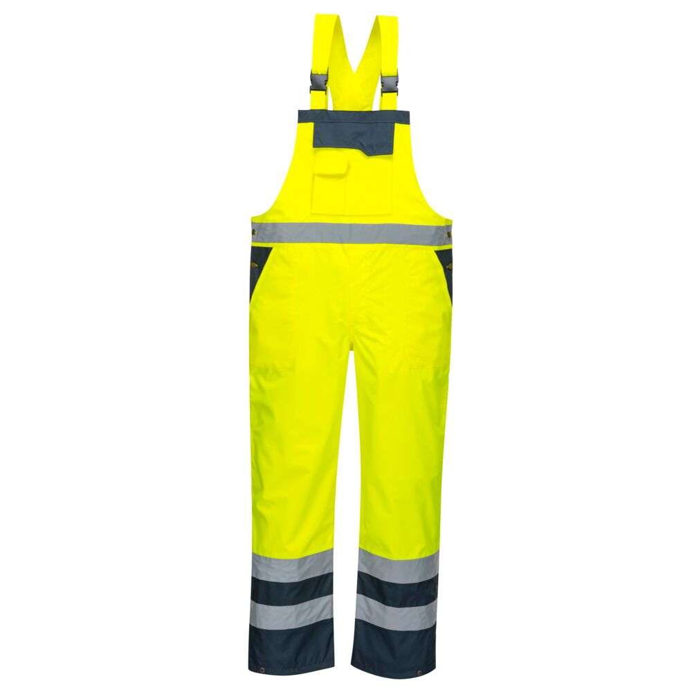 Yellow and Navy Portwest S488 Hi Vis Breathable Contrast Rain Bib and Brace. A garment designed to be completely practical and safe, the Contrast Bib & Brace protects the lower body and chest against wet conditions whilst ensuring safety.