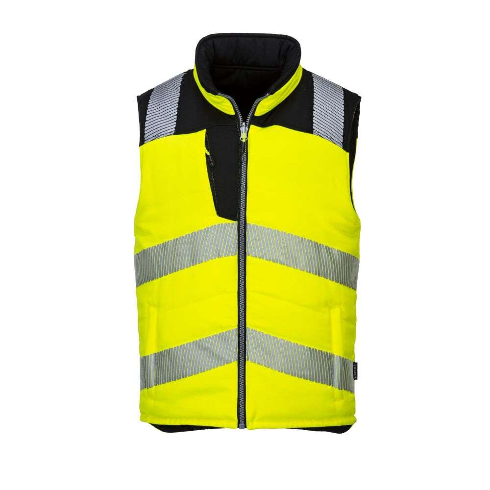 Portwest PW374 Hi Vis Reversible Bodywarmer. The Portwest PW374 bodywarmer design is characterised by its stylish contemporary fit, multiple practical features & durable stain resistant hi vis fabric