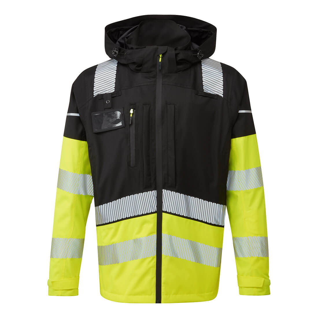 Ultimate Modular Hi-Vis 3-in-1 Rain Jacket in high-visibility yellow with reflective tape, waterproof protection, and detachable layers for versatile wear.