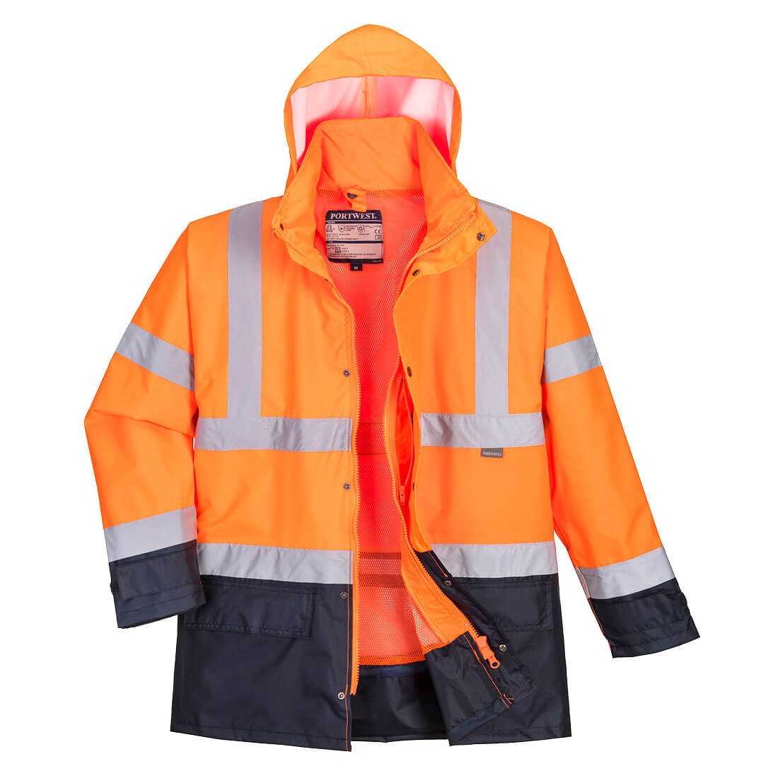 Hi-Vis 5-in-1 Contrast Executive Waterproof Jacket in fluorescent yellow and navy, featuring reflective tape, a waterproof outer shell, multiple storage pockets, and a versatile modular design for enhanced visibility and all-weather protection.