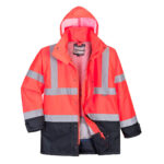 Hi-Vis 5-in-1 Contrast Executive Waterproof Jacket in fluorescent yellow and navy, featuring reflective tape, a waterproof outer shell, multiple storage pockets, and a versatile modular design for enhanced visibility and all-weather protection.