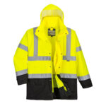 Hi-Vis 5-in-1 Contrast Executive Waterproof Jacket in fluorescent yellow and navy, featuring reflective tape, a waterproof outer shell, multiple storage pockets, and a versatile modular design for enhanced visibility and all-weather protection.