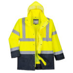 Hi-Vis 5-in-1 Contrast Executive Waterproof Jacket in fluorescent yellow and navy, featuring reflective tape, a waterproof outer shell, multiple storage pockets, and a versatile modular design for enhanced visibility and all-weather protection.