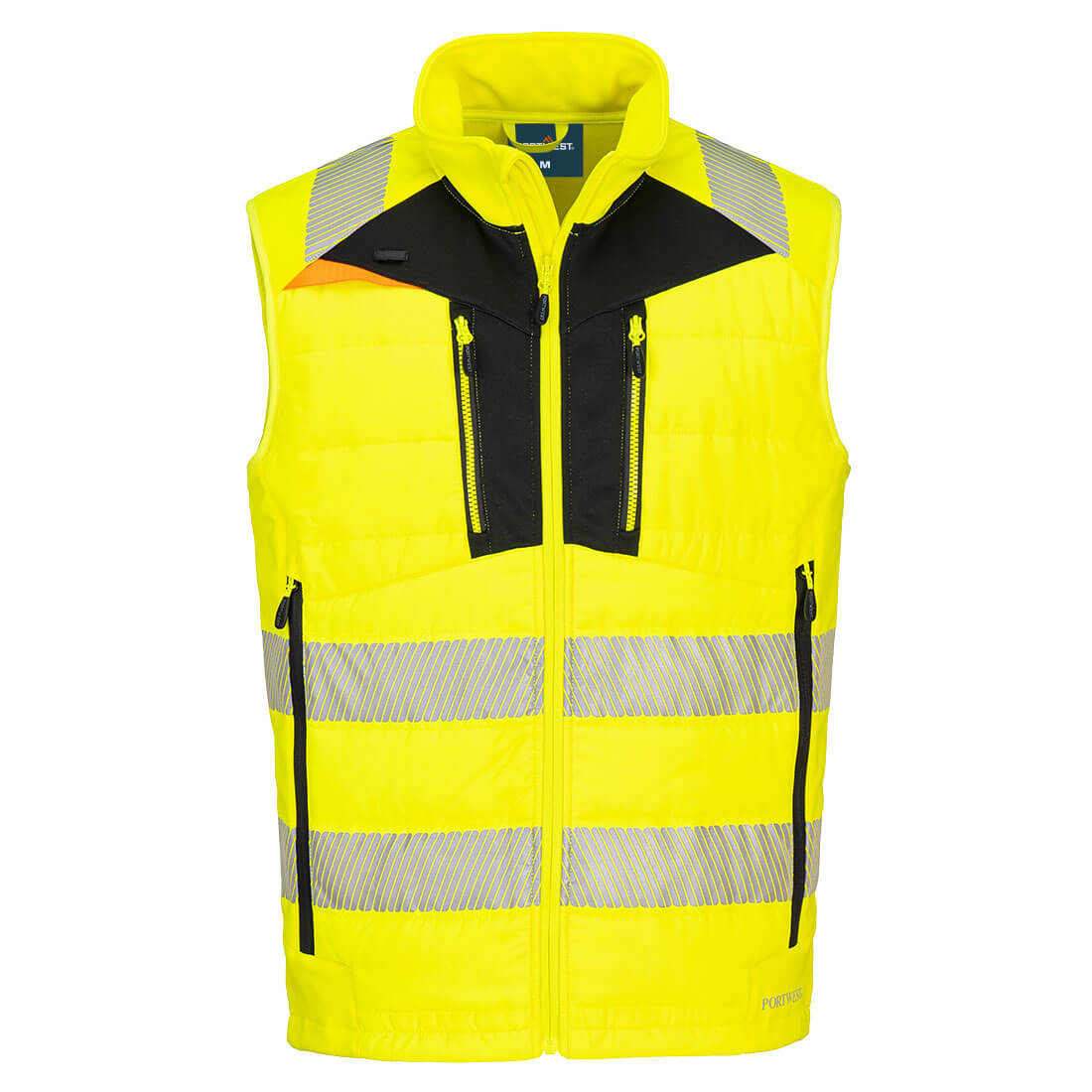 Portwest DX479 Hi Vis Hybrid Baffle Bodywarmer. The DX4 Hi-Vis Softshell Gilet uses a body-mapped design to balance insulation and freedom of movement. Constructed using premium HiVisTex Pro tape, offering freedom of movement due to its segmented construction. Two zipped chest pockets, side entry pockets and internal pockets offer plenty of secure storage space.