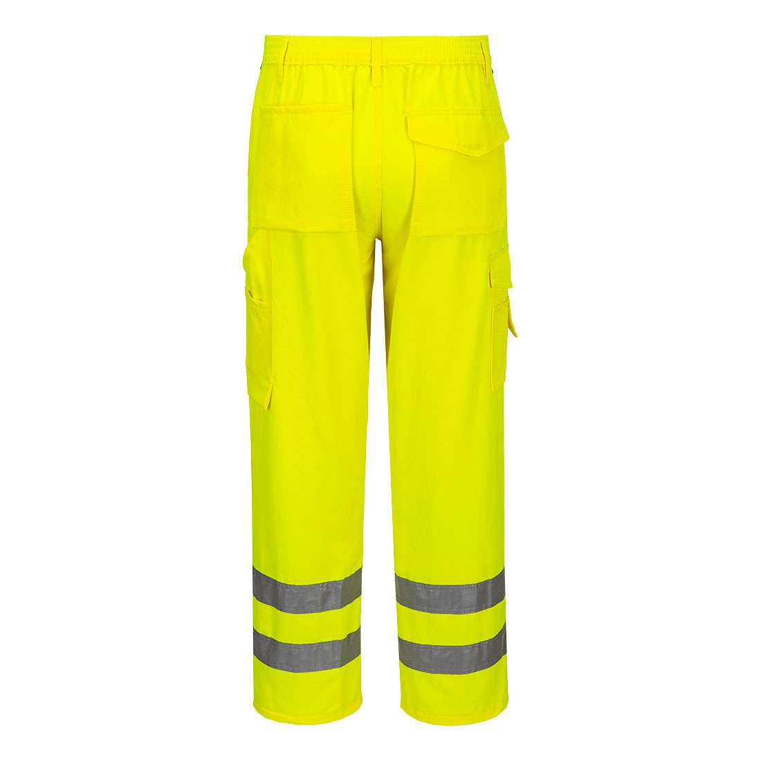Portwest E046 Hi Vis Work Trousers feature a combat thigh pocket with mobile phone pocket, kneepad pockets and back waist elastic for superior wearer comfort. Ideal for working in construction and highways
