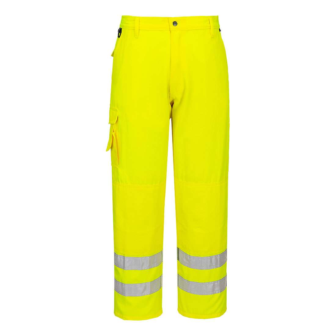 Portwest E046 Hi Vis Work Trousers feature a combat thigh pocket with mobile phone pocket, kneepad pockets and back waist elastic for superior wearer comfort. Ideal for working in construction and highways