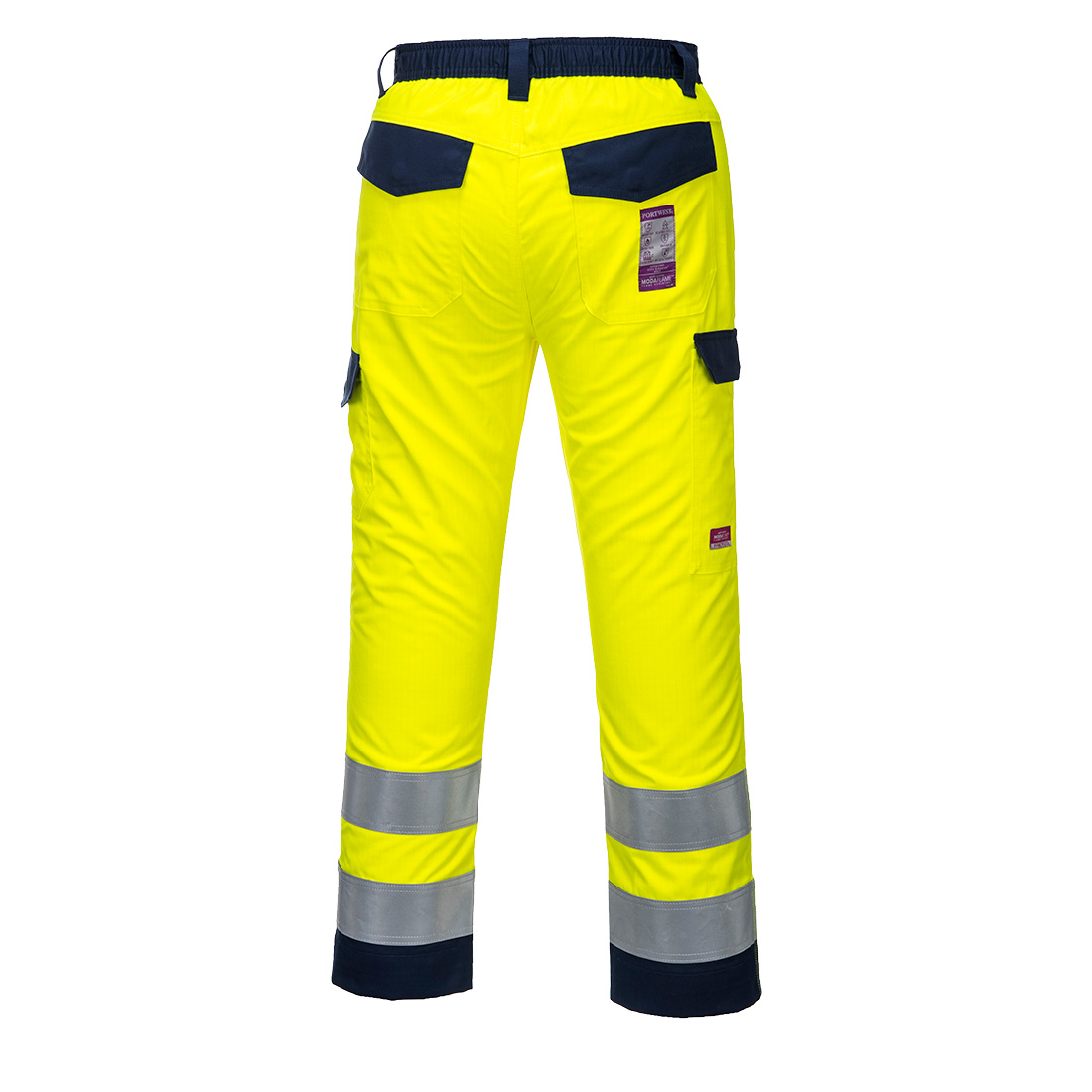 Portwest MV46 Hi Vis Modaflame Multi Norm FR Work Trousers Back. Conforming to multiple EN standards, these trousers offer ideal protection against exposure to industrial hazards. The elasticated back waist allows for freedom of movement and ensures the garment sits comfortably. Outstanding features include two tier knee pad pockets, adjustable leg length for added convenience and triple-stitched seams for extra durability.