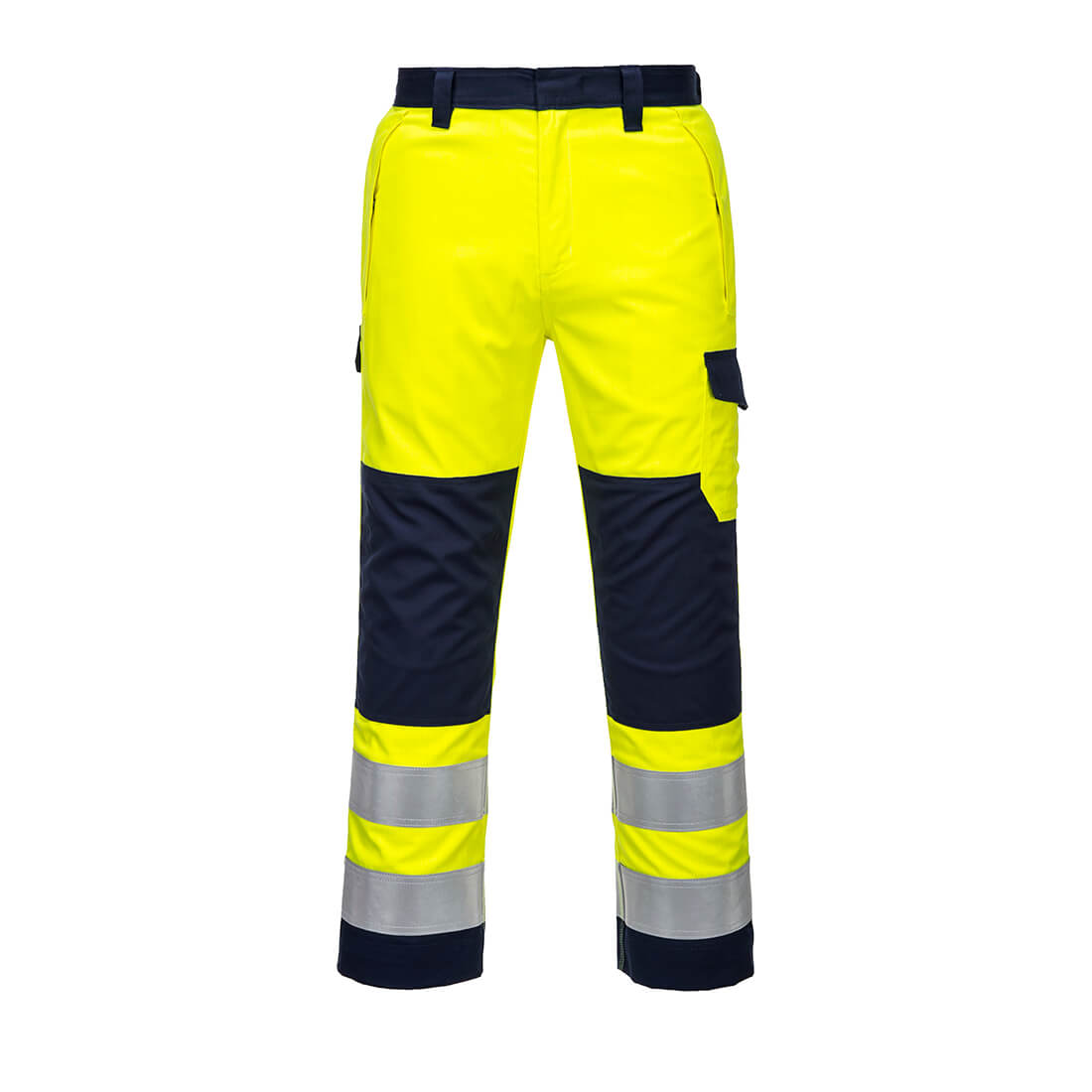 Portwest MV46 Hi Vis Modaflame Multi Norm FR Work Trousers. Conforming to multiple EN standards, these trousers offer ideal protection against exposure to industrial hazards. The elasticated back waist allows for freedom of movement and ensures the garment sits comfortably. Outstanding features include two tier knee pad pockets, adjustable leg length for added convenience and triple-stitched seams for extra durability.