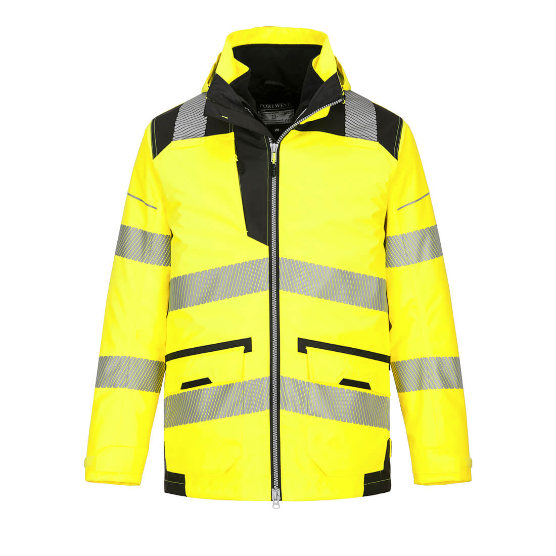 Portwest PW367 Hi Vis Breathable 5 in 1 Jacket Yellow. Stay visible, comfortable and protected with this superb 5-in-1 breathable jacket. This cleverly designed garment is highly adaptable to all seasons and a variety of working conditions for multi-functional use. The outer jacket has a multi-pocket solution with a dedicated space for your phone, keys or gloves while the inner waterproof jacket has padded lining for maximum warmth and comfort.