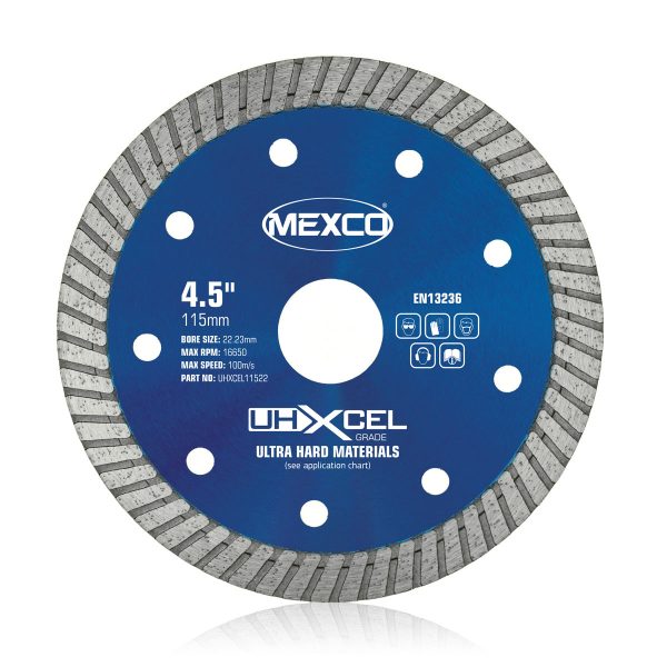 Ultra Hard Materials - Mexco UHXCEL Diamond Blades. This diamond blade has been specifically designed and manufactured for cutting ultra hard materials such as; Granite, Porcelain, Marble, Ceramic Tiles, Clay Roof Tiles and other hard natural stone and man-made fired materials.
